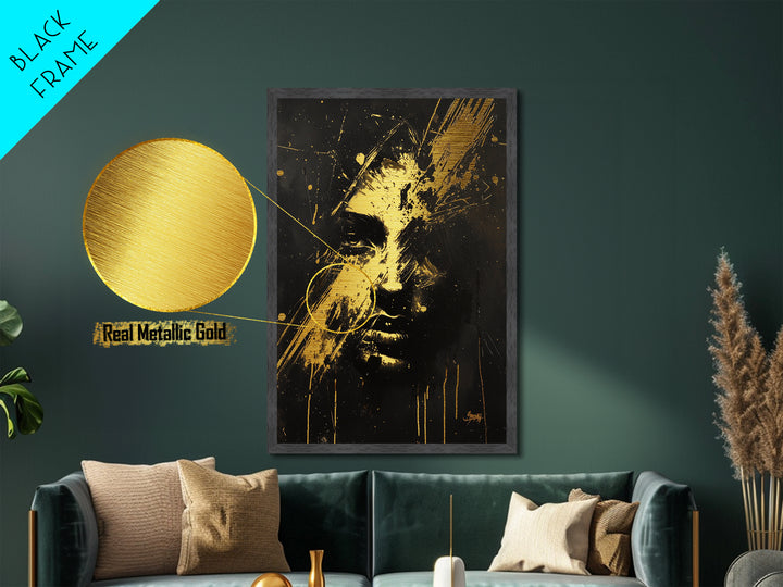 Abstract Haunted Face Metallic Gold Art Metal Art Spooky Horror Gothic Halloween Wall Print framed in genuine wood