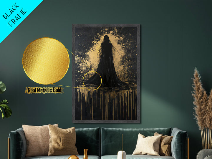 Spooky Ghostly Silhouette Metallic Gold Art Metal Art Haunted Horror Halloween Wall Hanging with authentic real wood frame