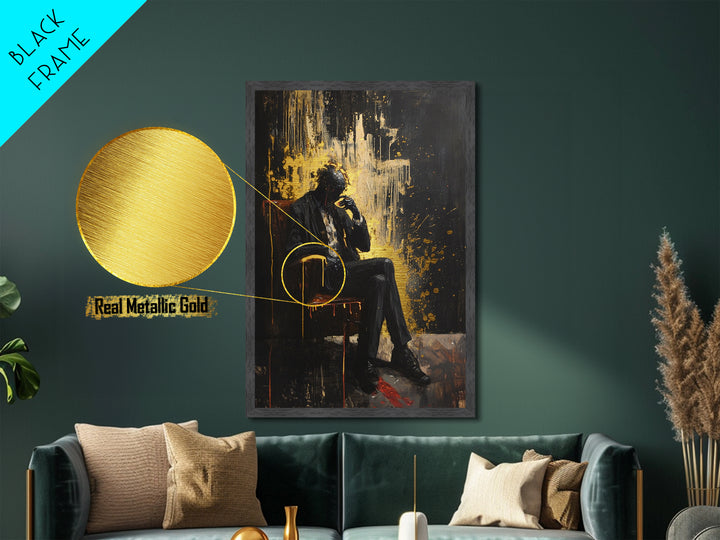 Haunted Man in Suit Metallic Gold Art Metal Art Gothic Horror Halloween Spooky Season Wall Decor framed with natural wood