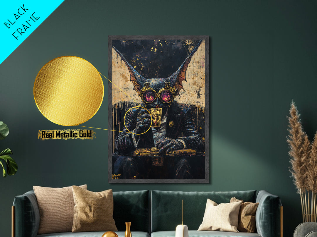 Gothic Bat Creature Drinking Whiskey – Metallic Gold Art, Spooky Season Metal Art, Framed in Real Wood for Halloween Decor