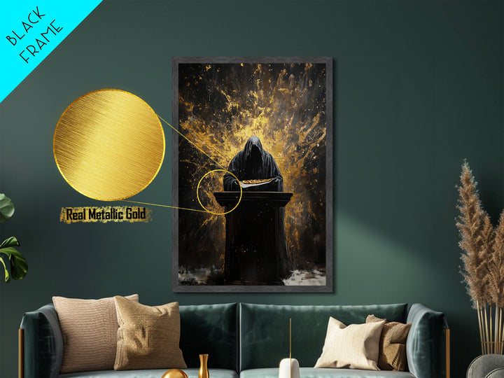 Dark Hooded Reaper Offering Pizza, Gothic Horror Metallic Gold Art, Haunted Season Metal Art in handcrafted wood frame