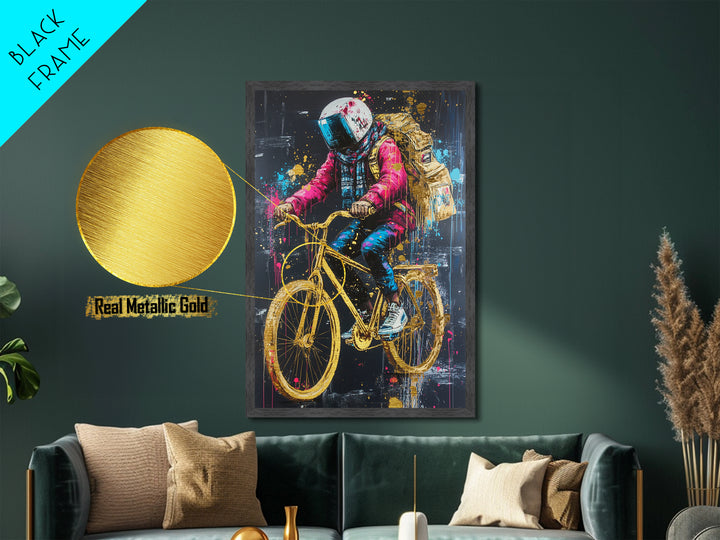 Astronaut Biker in Neon Drips – Halloween Metallic Gold Art, Surreal Spooky Season Metal Art, Real Wood Frame Gothic Decor