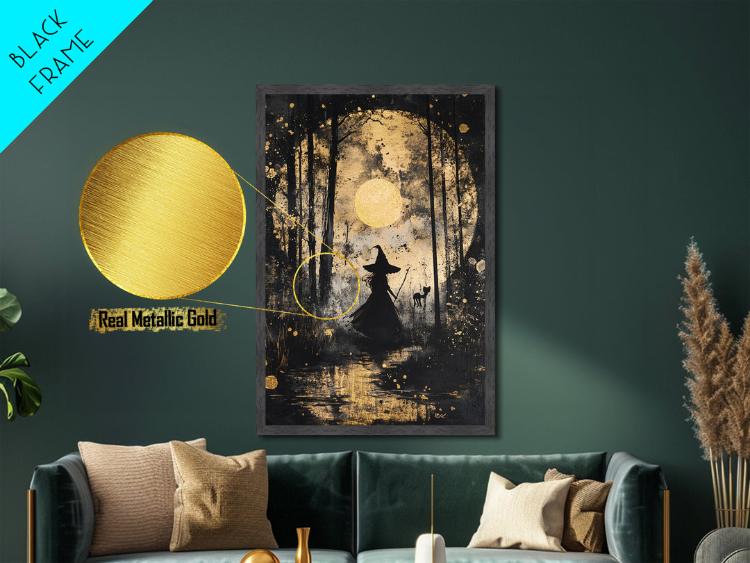 Witch in Forest with Cat and Moon – Metallic Gold Art, Halloween Spooky Metal Art, Gothic Wall Art Framed in Natural Wood
