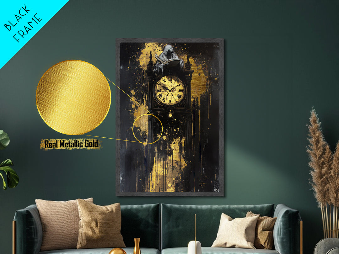Ghostly Figure atop Gothic Clock – Metallic Gold Art, Haunted Metal Art, Spooky Season Halloween Wall Decor in Real Wood Frame