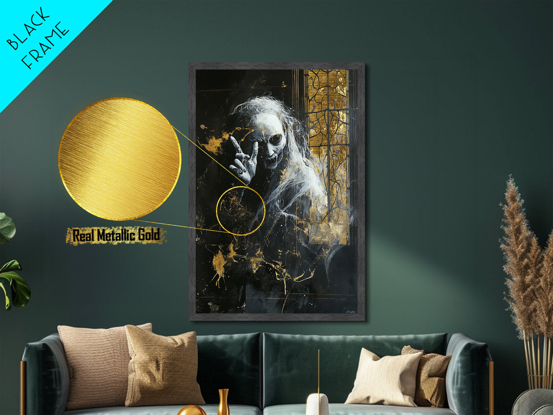 Creepy Ghost by Gothic Window – Metallic Gold Art, Haunted Gothic Metal Art, Halloween Wall Art with Natural Real Wood Frame