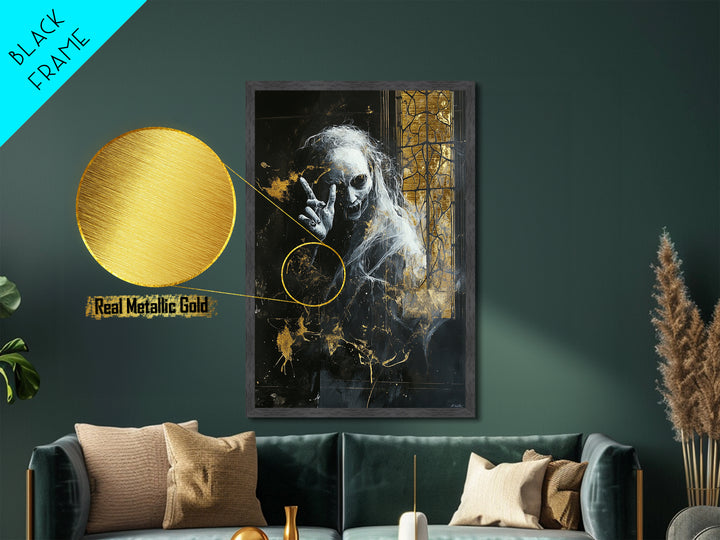 Creepy Ghost by Gothic Window – Metallic Gold Art, Haunted Gothic Metal Art, Halloween Wall Art with Natural Real Wood Frame
