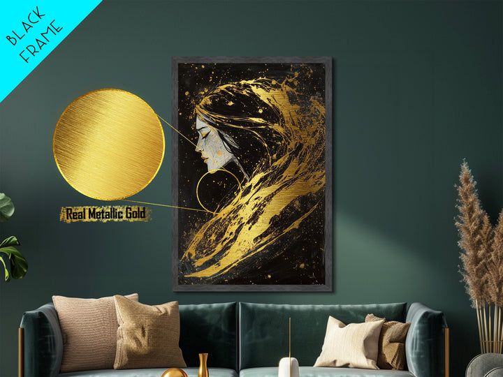 Haunting Woman Profile Metallic Gold Art, Gothic Metal Art Wall Decor in Natural Wood Frame, Spooky Season Halloween Gift