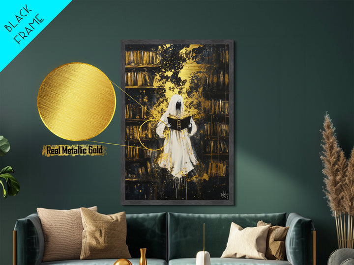 Ghostly Librarian Metallic Gold Art, Spooky Haunted Library Metal Art with Real Wood Frame, Halloween Gothic Wall Hanging