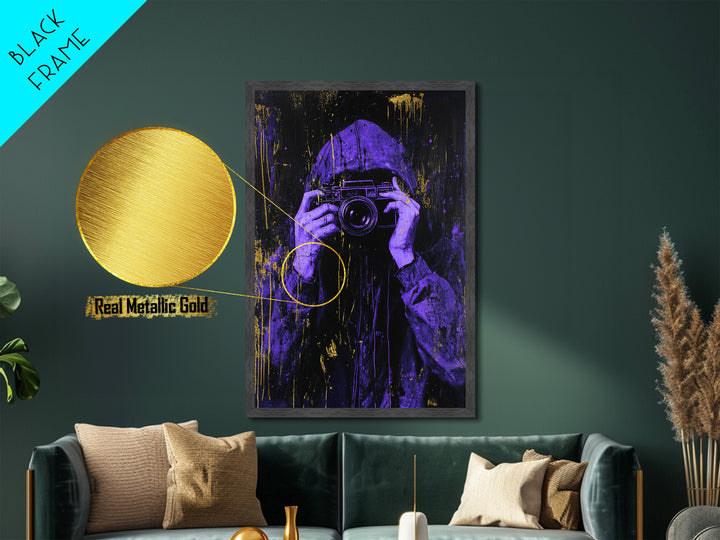 Purple Hooded Photographer Metallic Gold Art, Creepy Urban Metal Art Framed in Real Wood, Halloween Spooky Season Artwork