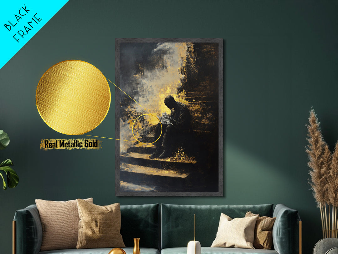 Shadow Reader on Steps, Haunted Gothic Metallic Gold Art, Creepy Halloween Metal Art with spooky vibe in real wood frame