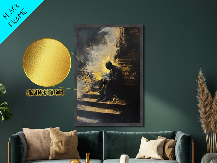 Shadow Reader on Steps, Haunted Gothic Metallic Gold Art, Creepy Halloween Metal Art with spooky vibe in real wood frame