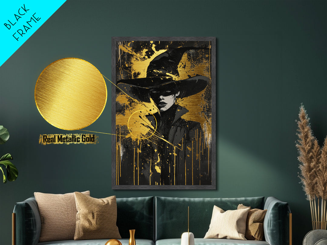 Witch Hat Portrait Metallic Gold Art, Creepy Halloween Metal Art in Wooden Frame, Gothic Spooky Season Witchy Wall Artwork