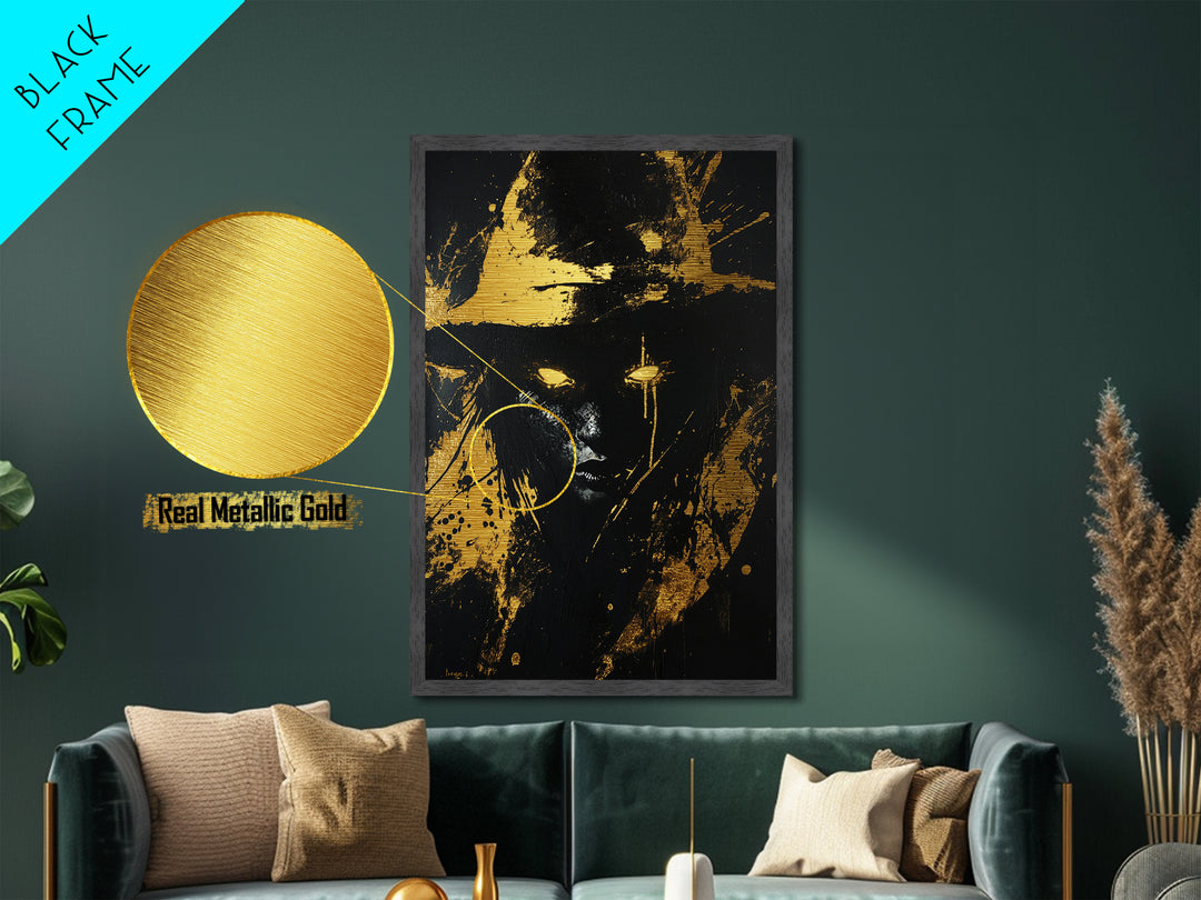 Glowing Eyes Witch Metallic Gold Art, Spooky Haunted Metal Art with Real Wood Frame, Gothic Halloween Season Wall Hanging