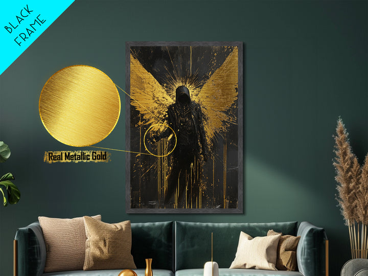 Dark Angel Metallic Gold Art, Gothic Winged Metal Art Wall Decor in Natural Wood Frame, Spooky Halloween Season Wall Artwork