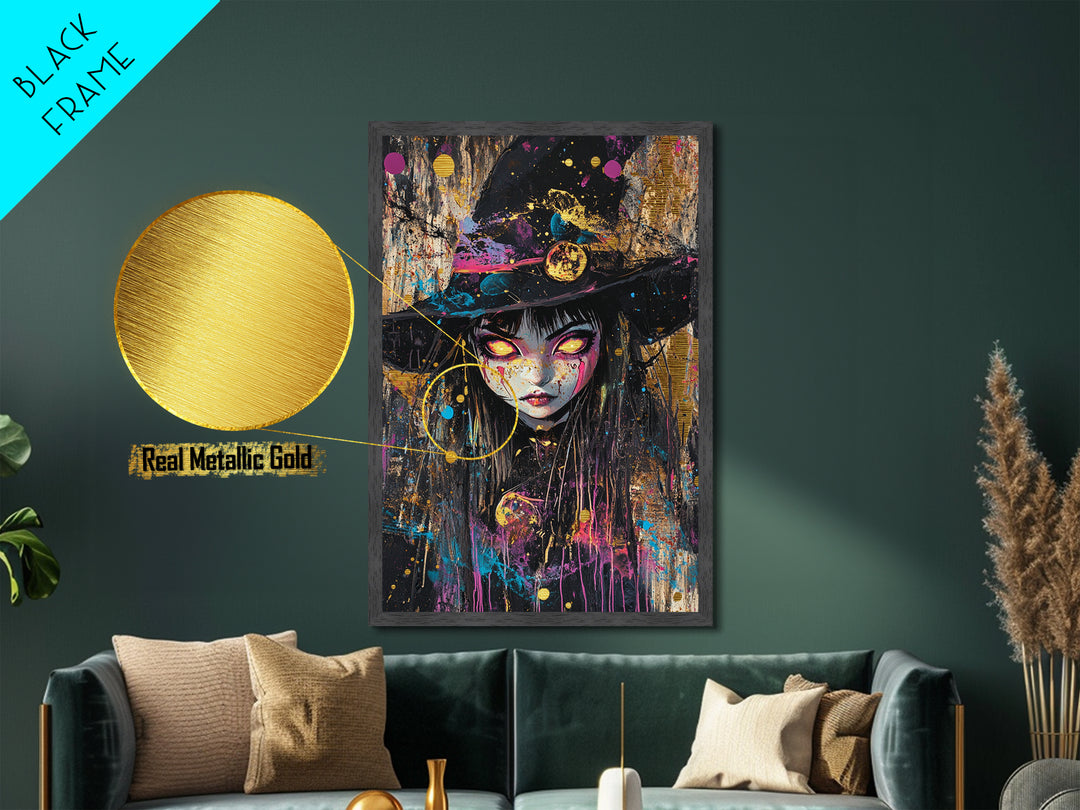 Gothic Witch Portrait with Glowing Eyes | Creepy Halloween Metallic Gold Art, Metal Art, Natural Wood Frame Witchy Wall Art
