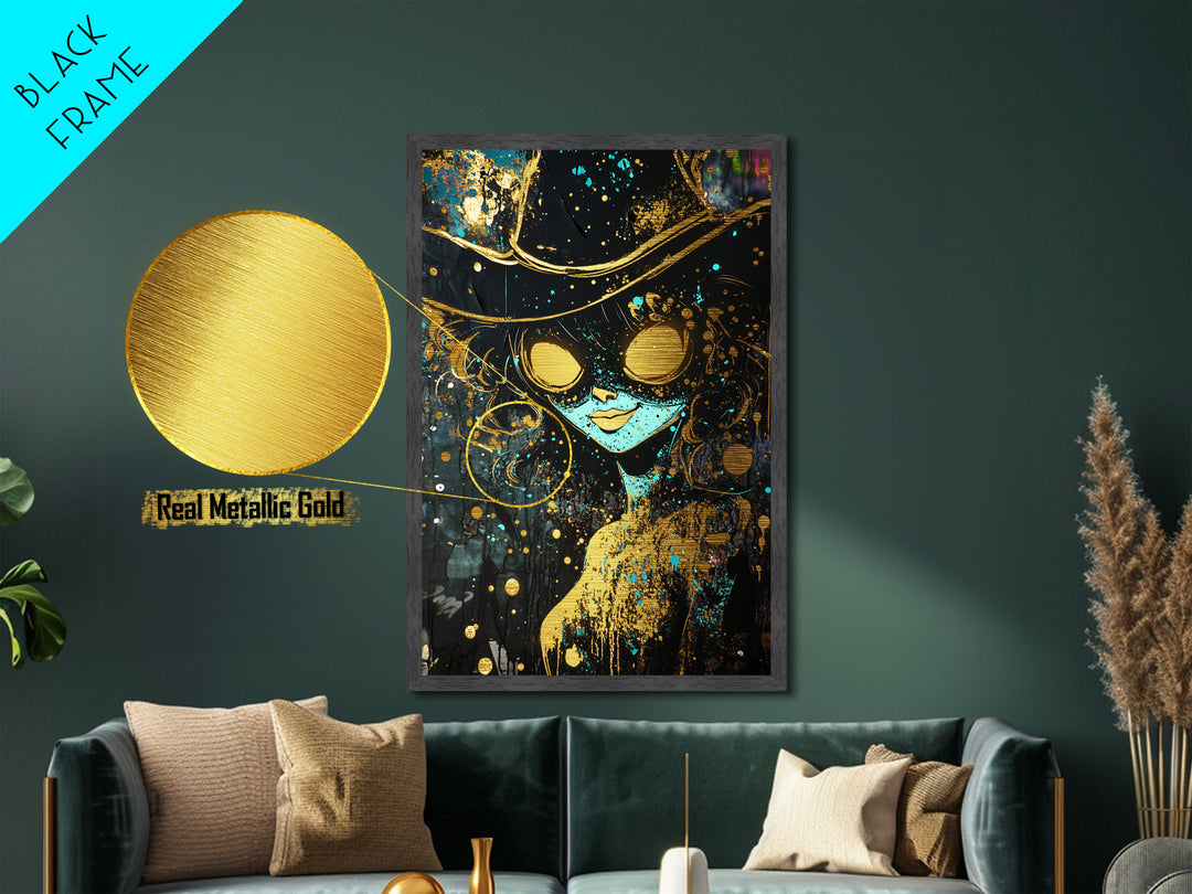 Haunted Sorceress with Fiery Eyes | Metallic Gold Art, Metal Art, Spooky Season Wall Decor in Real Wood Frame Witch Halloween Art