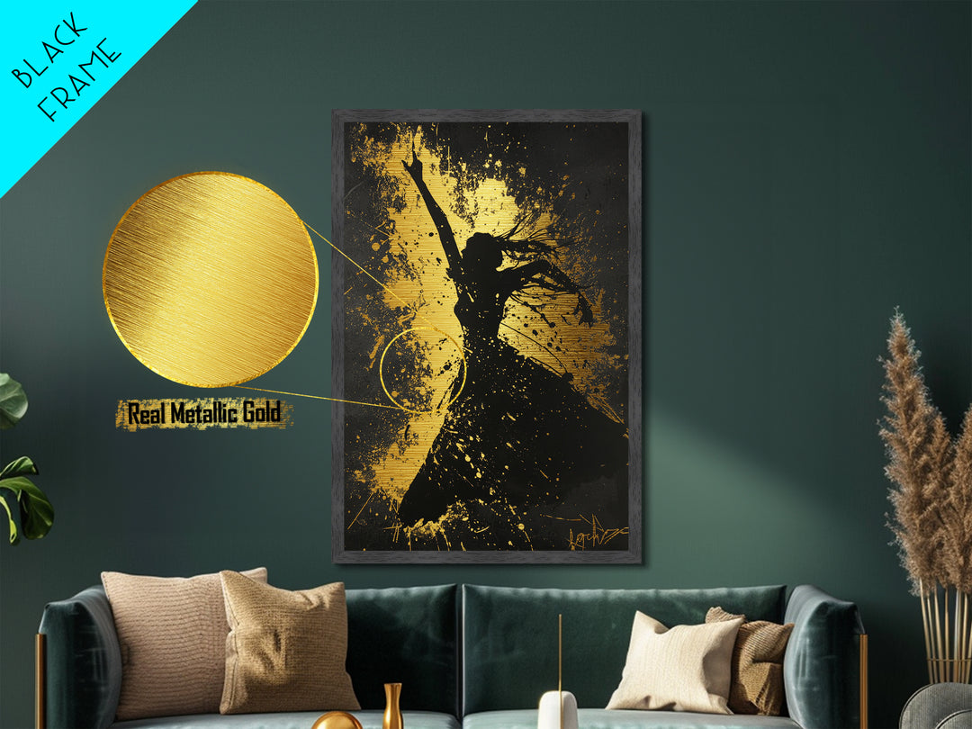 Dancing Silhouette Gothic Spirit, Spooky Splatter Metallic Gold Art, Halloween Horror Metal Art framed in natural wood