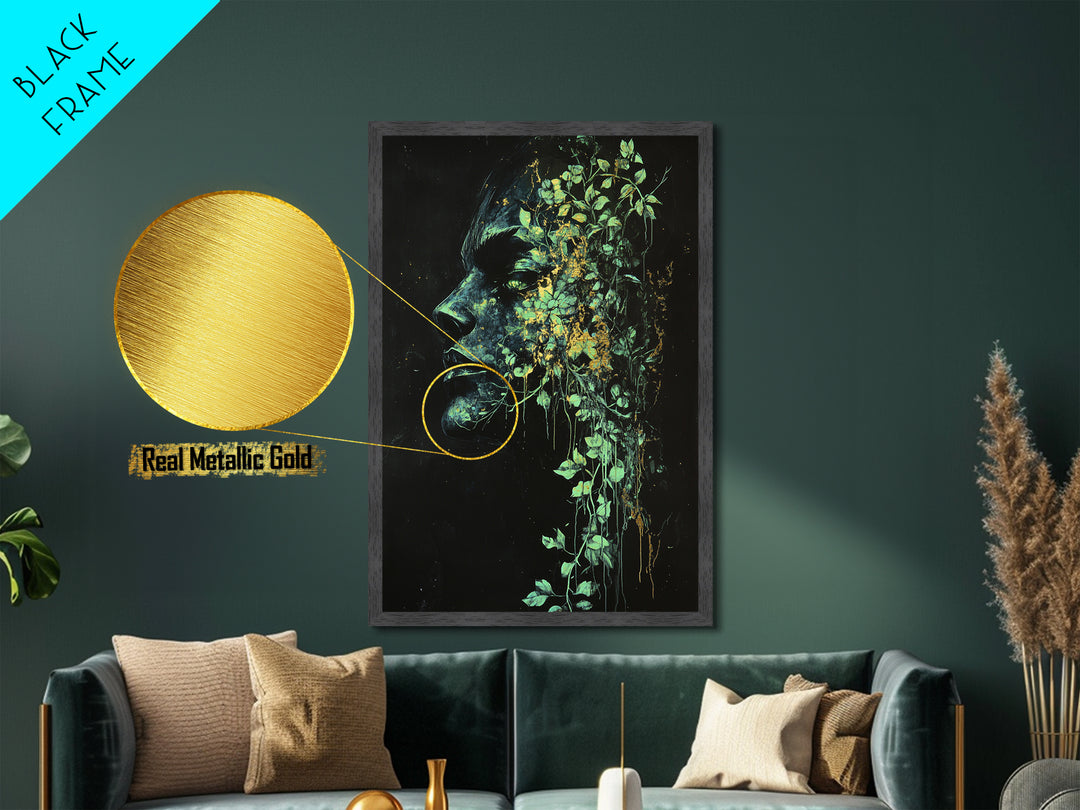 Creepy Botanical Face with Ivy Growth | Gothic Horror Metallic Gold Art, Metal Art, Halloween Nature Spirit Artwork in Wood Frame