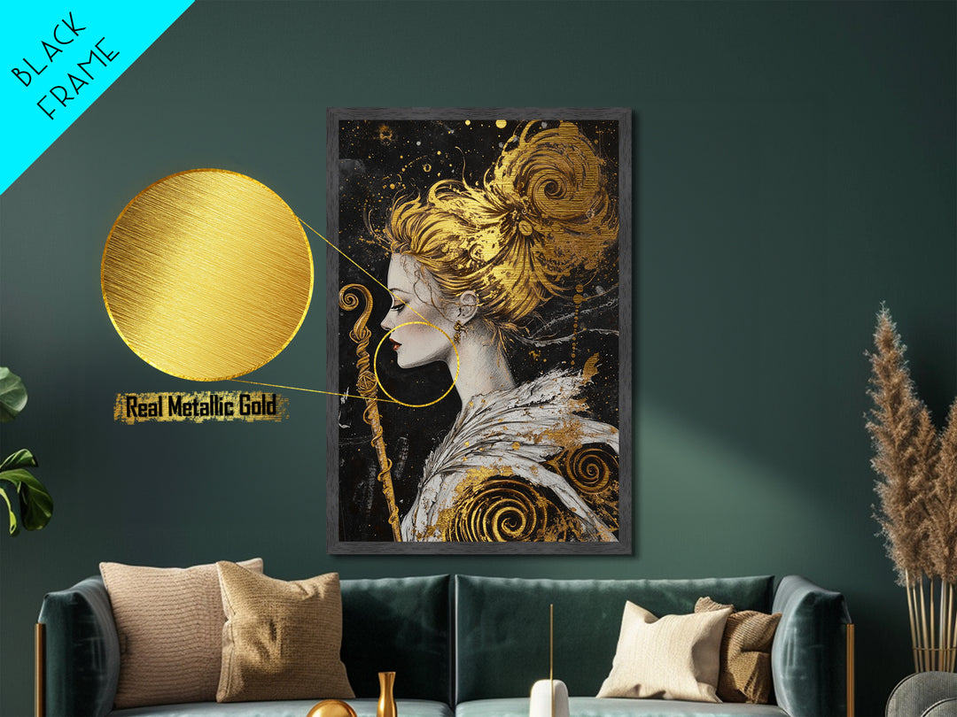 Golden Haired Enchantress with Staff | Witchy Halloween Metallic Gold Art, Metal Art, Mystical Fantasy Portrait in Natural Wood Frame