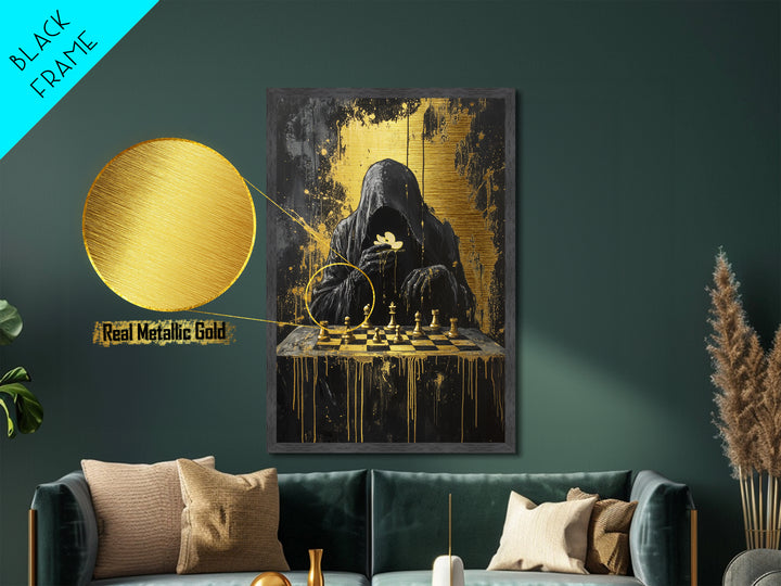 Grim Reaper Playing Chess | Spooky Season Halloween Metallic Gold Art, Metal Art, Gothic Horror Wall Decor in Wood Frame Design