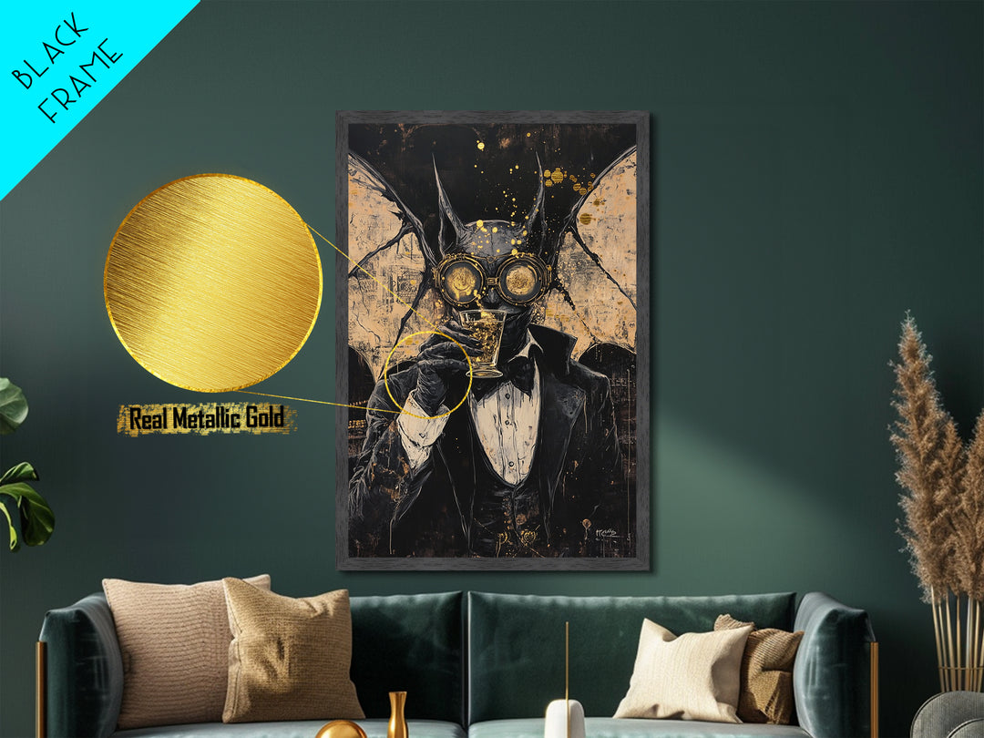 Steampunk Bat Gentleman with Drink | Gothic Halloween Metallic Gold Art, Metal Art, Spooky Vampiric Decor with Natural Wood Frame