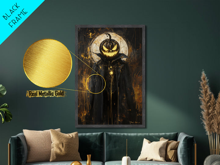 Pumpkin Head Halloween Wall Art, Metallic Gold Art Metal Art, Gothic Spooky Portrait Framed in Natural Real Wood