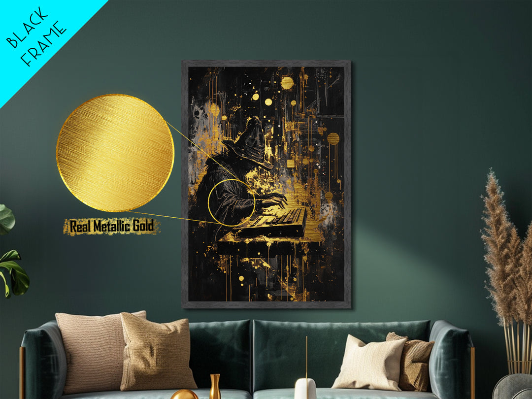 Witch Hacker Spooky Season Wall Decor, Metallic Gold Art Metal Art, Creepy Haunted Painting with Real Wood Frame