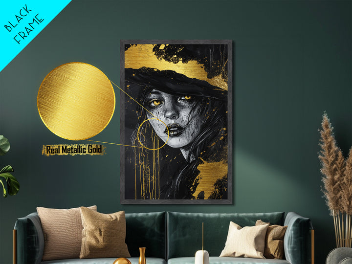 Witchy Woman Portrait, Metallic Gold Art Metal Art, Gothic Halloween Wall Decor in Real Wood Frame for Spooky Season