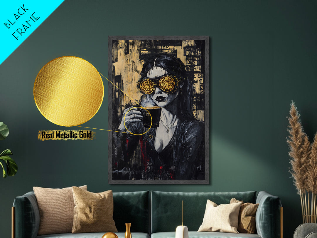 Steampunk Witch Metallic Gold Art, Spooky Gothic Metal Art Portrait, Halloween Wall Hanging with Real Wood Frame