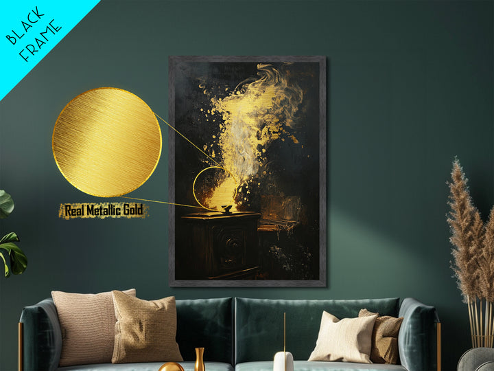 Haunted Fireplace Halloween Decor, Metallic Gold Art Metal Art, Dark Spooky Horror Wall Art with Real Wood Framing