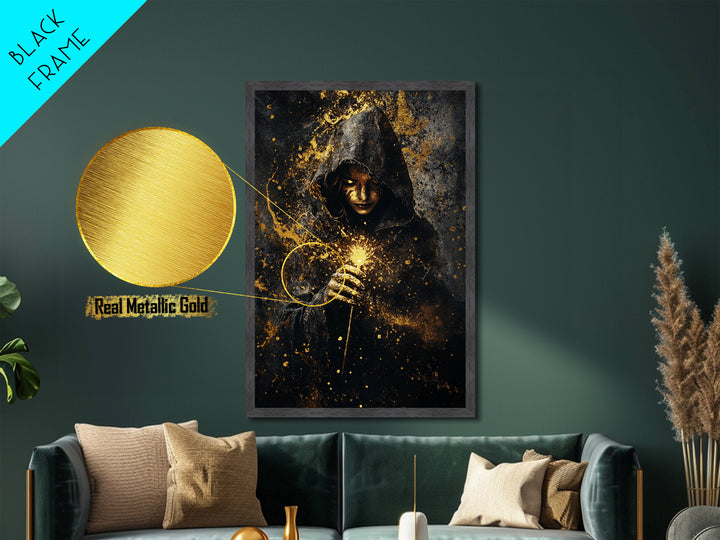 Mystical Hooded Sorceress, Metallic Gold Art Metal Art, Spooky Season Gothic Halloween Wall Art with Wood Frame