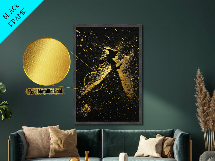 Witch Silhouette Halloween Wall Art, Metallic Gold Art Metal Art, Spooky Haunted Night Decor in Handcrafted Real Wood Frame