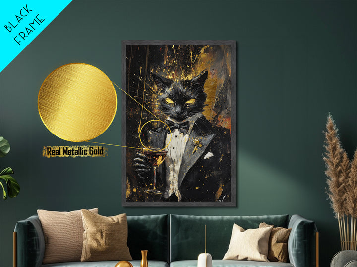 Black Cat in Tuxedo Wall Decor, Metallic Gold Art Metal Art, Spooky Halloween Gothic Artwork Framed in Real Wood