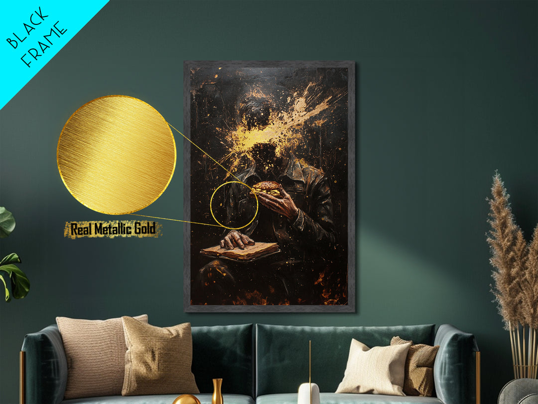 Haunted Horror Burger Painting, Metallic Gold Art Metal Art, Creepy Halloween Gothic Wall Decor with Real Wood Frame