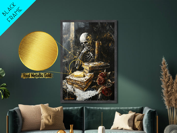 Skeleton Reading Gothic Books, Metallic Gold Art Metal Art, Haunted Spooky Season Halloween Artwork in Solid Wood Frame