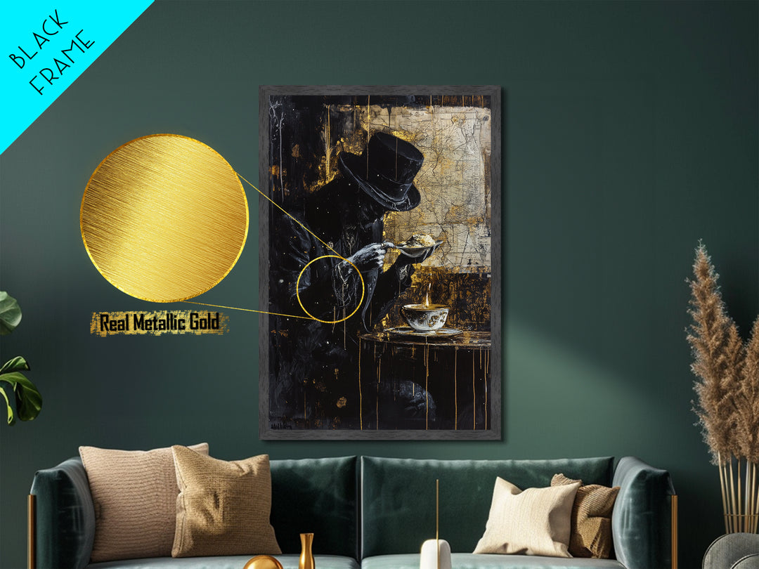 Haunted Gentleman Dining Metallic Gold Art Gothic Metal Art with Real Wood Frame | Spooky Halloween Wall Decor