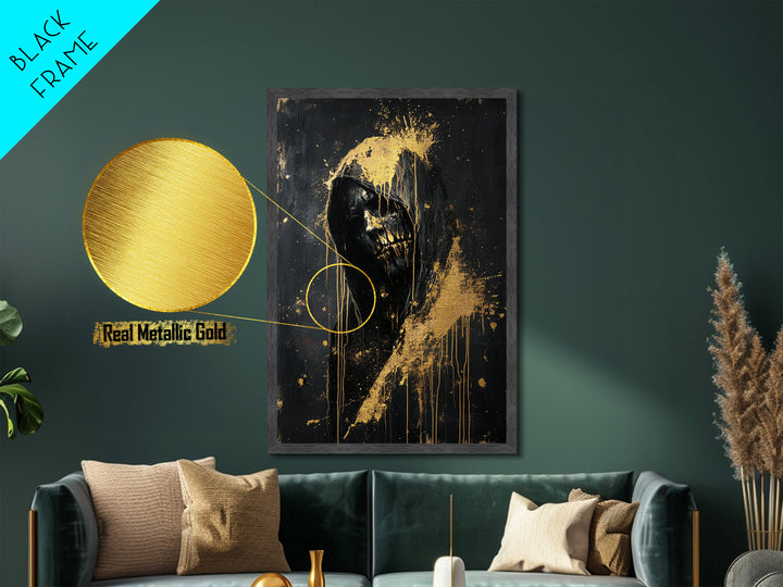 Creepy Hooded Horror Portrait Metallic Gold Art Halloween Metal Art Framed in Natural Wood | Gothic Scary Wall Hanging