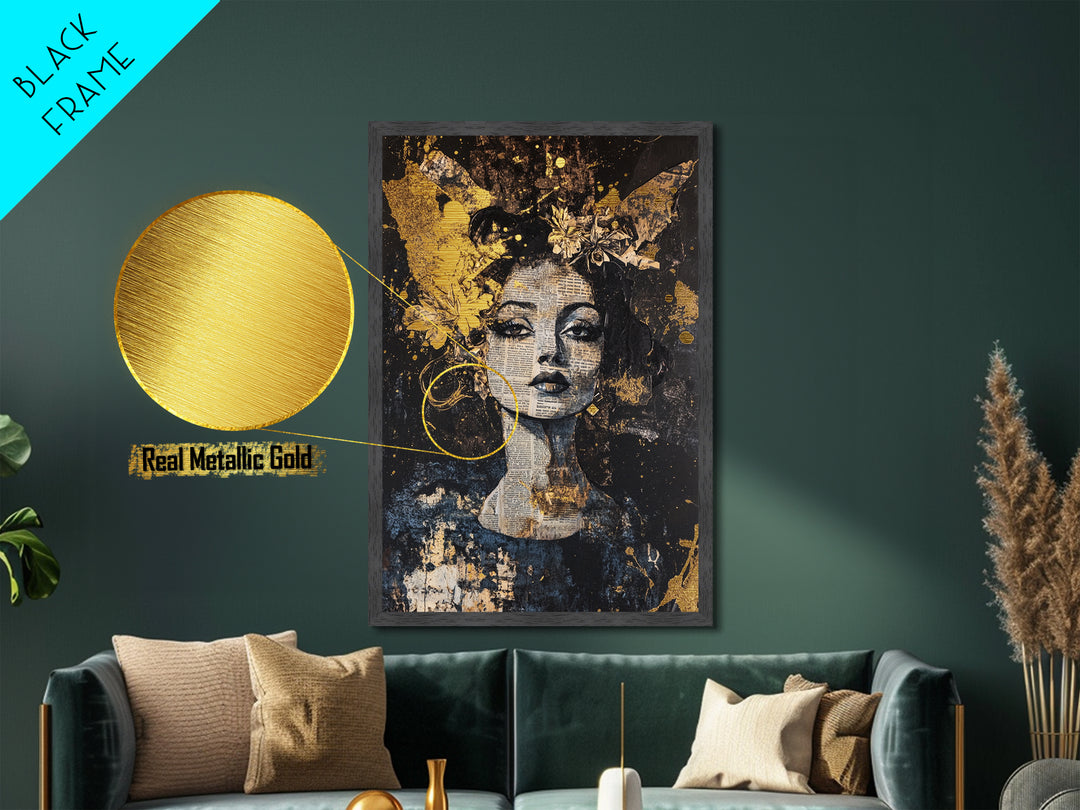 Witchy Woman Collage Metallic Gold Art Gothic Metal Art with Newspaper Texture | Spooky Portrait Wall Art in Real Wood Frame