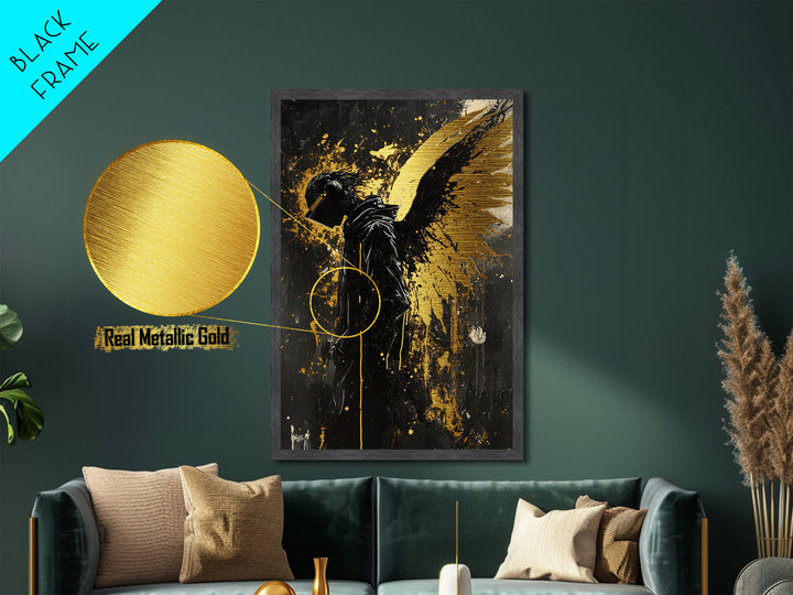 Dark Angel with Golden Wings Metallic Gold Art Gothic Metal Art | Spooky Season Decor Framed in Natural Wood