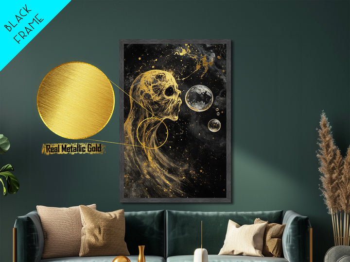 Ethereal Spirit Blowing Bubbles Metallic Gold Art Creepy Halloween Metal Art | Haunted Gothic Wall Art in Wood Frame