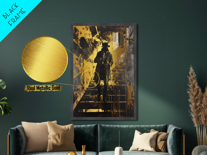 Victorian Gentleman on Stairs Metallic Gold Art Gothic Horror Metal Art | Spooky Halloween Wall Decor with Real Wood Frame