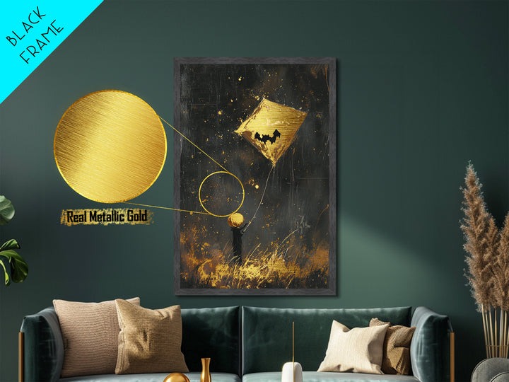 Pumpkin Head Kite Flying Metallic Gold Art Whimsical Halloween Metal Art | Cute Spooky Wall Hanging Framed in Real Wood