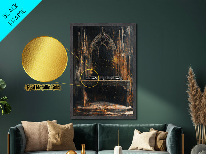 Haunted Cathedral DJ Booth Metallic Gold Art Gothic Metal Art | Creepy Church Halloween Wall Decor in Natural Wood Frame