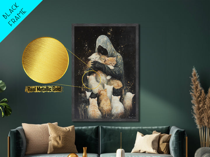 Grim Reaper with Cats Metallic Gold Art Whimsical Metal Art | Spooky Season Gothic Wall Art in Real Wood Frame