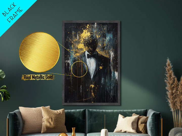 Spooky Gentleman in Tuxedo Metallic Gold Art, Gothic Haunted Portrait Metal Art with Real Wood Frame for Halloween Wall Decor