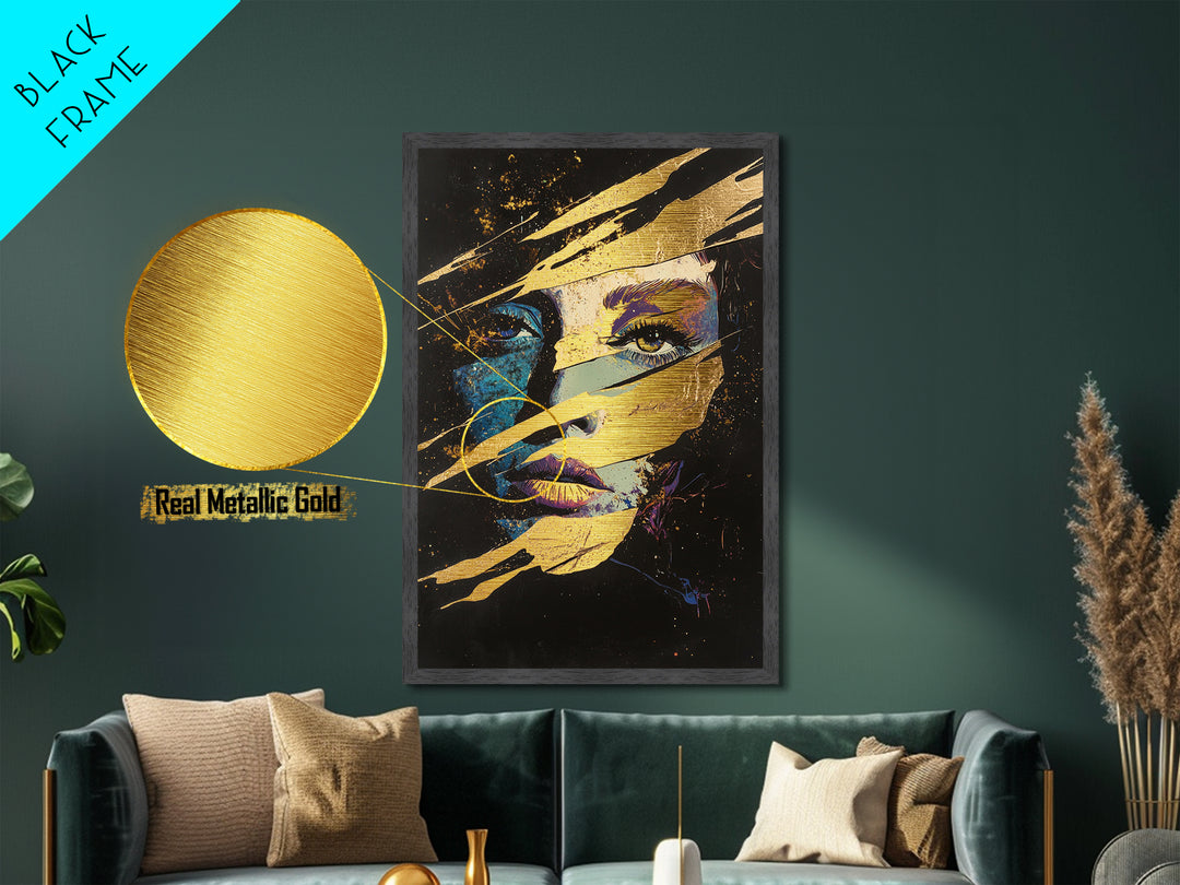 Witchy Woman Masked Portrait Metallic Gold Art, Spooky Season Horror Face Metal Art Framed in Natural Wood for Gothic Home