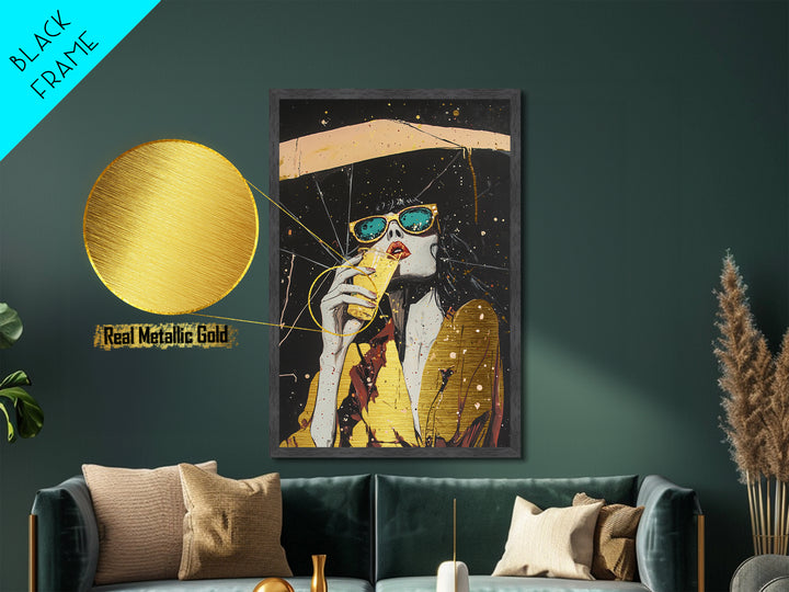 Retro Witchy Woman Drinking Metallic Gold Art, Spooky Season Metal Art with Real Wood Frame, Gothic Halloween Wall Accent