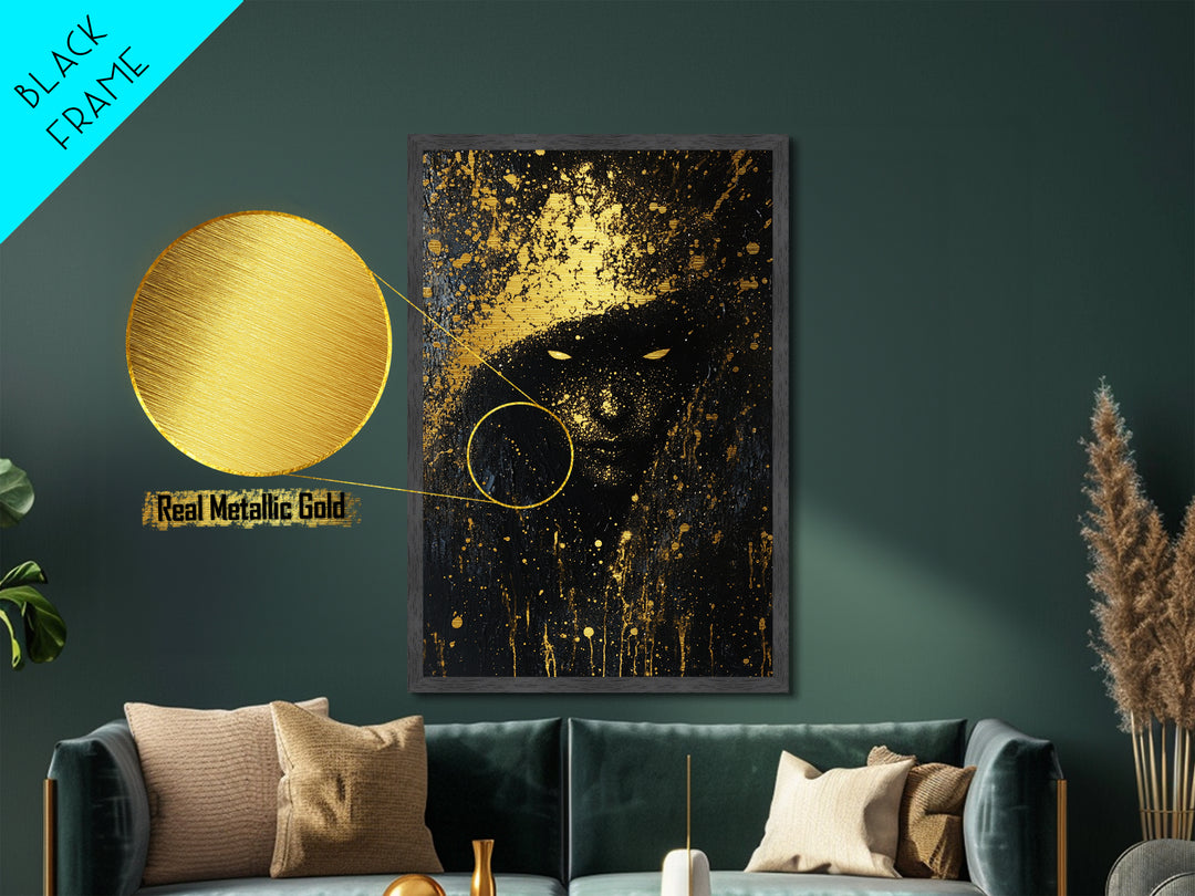 Eerie Shadow Figure Metallic Gold Art, Spooky Horror Season Haunted Eyes Metal Art with Real Wood Frame for Gothic Wall Decor