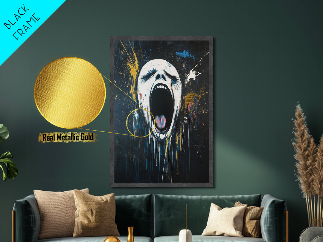 Screaming Horror Face Metallic Gold Art, Creepy Haunted Expressionist Metal Art Framed in Real Wood, Halloween Spooky Accent