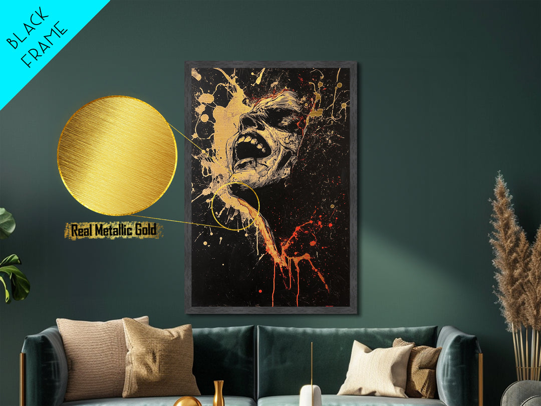 Haunted Scream Horror Wall Art | Metallic Gold Art & Metal Art | Gothic Halloween Decor, Real Wood Frame for Spooky Season